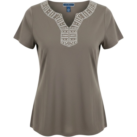 Karen Scott Tops - Karen Scott Womens XL Taupe Brown Cotton Rhinestone Split Neck Short Sleeve Top